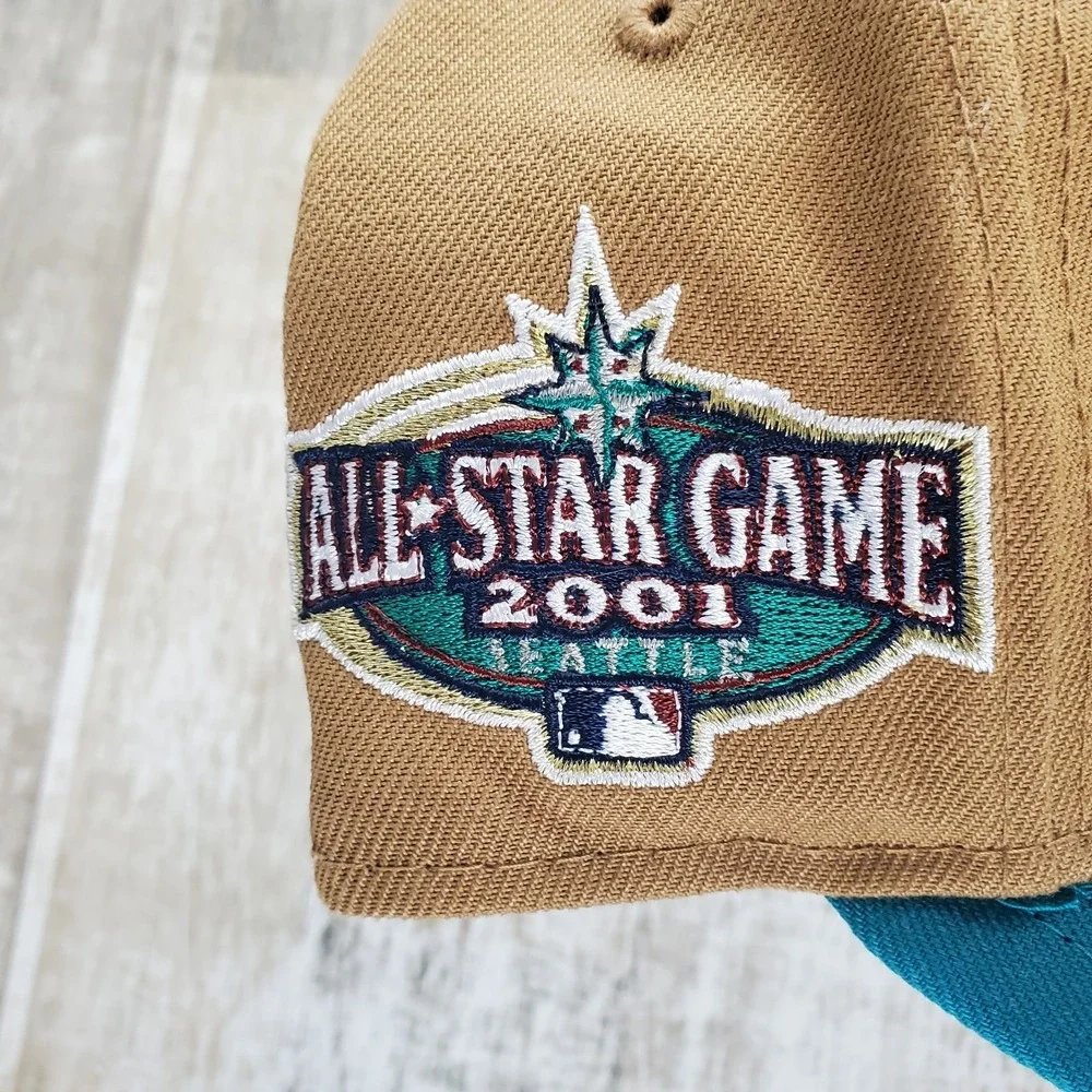 New Era Fitted Hat Cap‎ 7 1/8 Seattle Mariners Side Patch Wheat Metallic